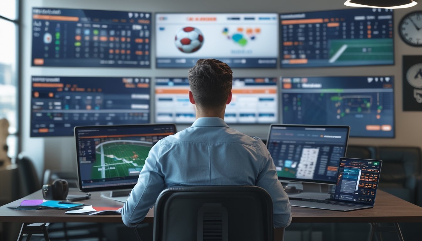 Seorang pria muda sedang menganalisis statistik pertandingan sepak bola di depan beberapa layar digital dalam ruangan kantor modern.