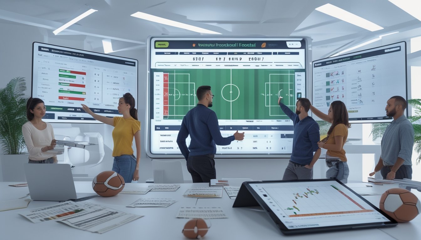 Beberapa orang sedang menganalisis data taruhan sepak bola di ruang dengan layar digital dan peralatan teknologi.