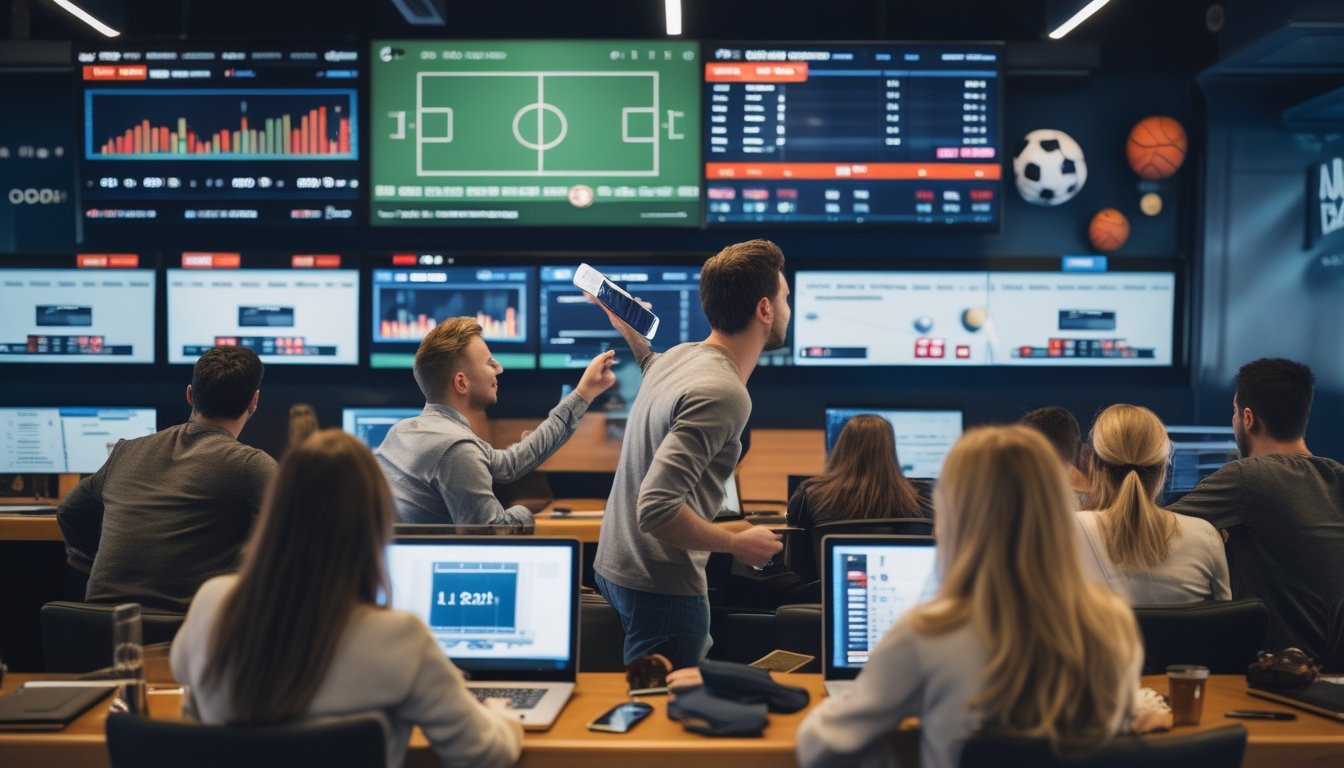 Sejumlah orang sedang menggunakan laptop dan ponsel untuk memasang taruhan langsung pada pertandingan sepak bola, tenis, dan basket di ruangan modern dengan layar menampilkan skor dan peluang pertandingan secara real time.