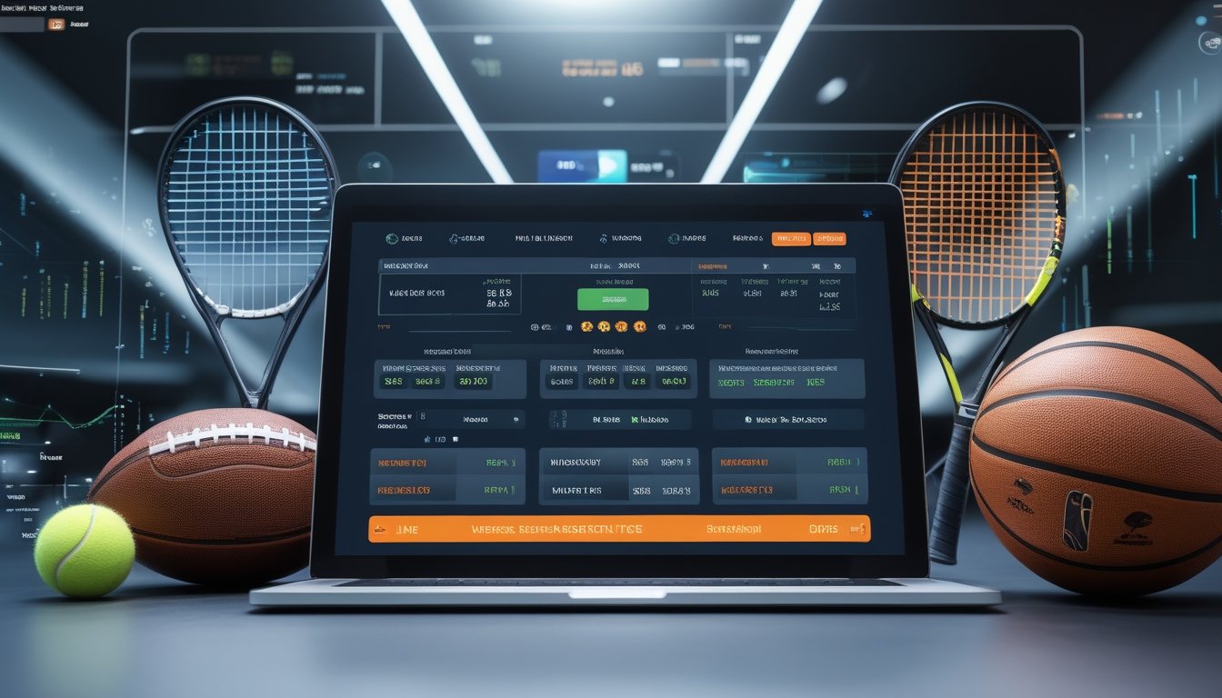 Seorang pengguna melihat layar perangkat dengan tampilan taruhan olahraga langsung sepak bola, tenis, dan basket serta angka taruhan yang berubah secara real time.