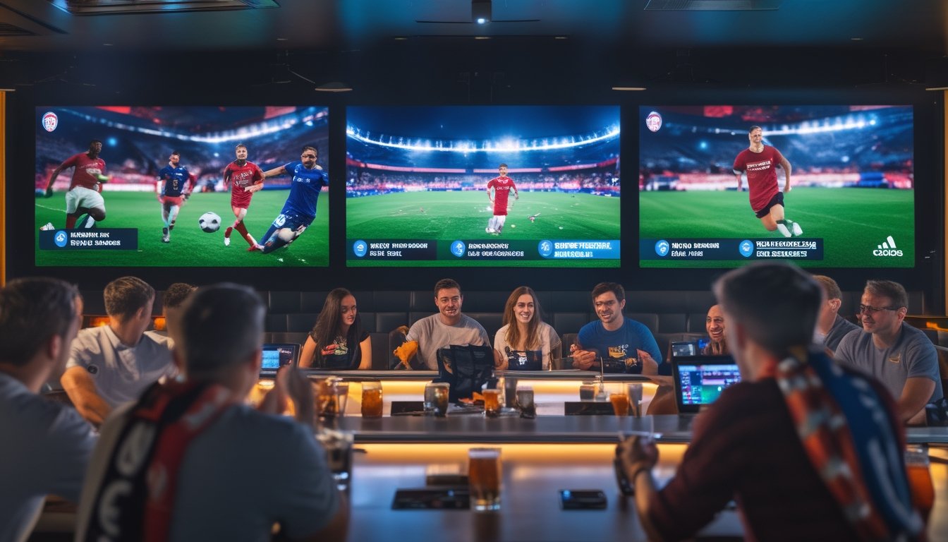 Sekelompok penggemar sepak bola menonton pertandingan di sebuah bar olahraga dengan beberapa layar besar yang menampilkan laga Liga Inggris, Serie A, dan Liga Champions pada malam hari.