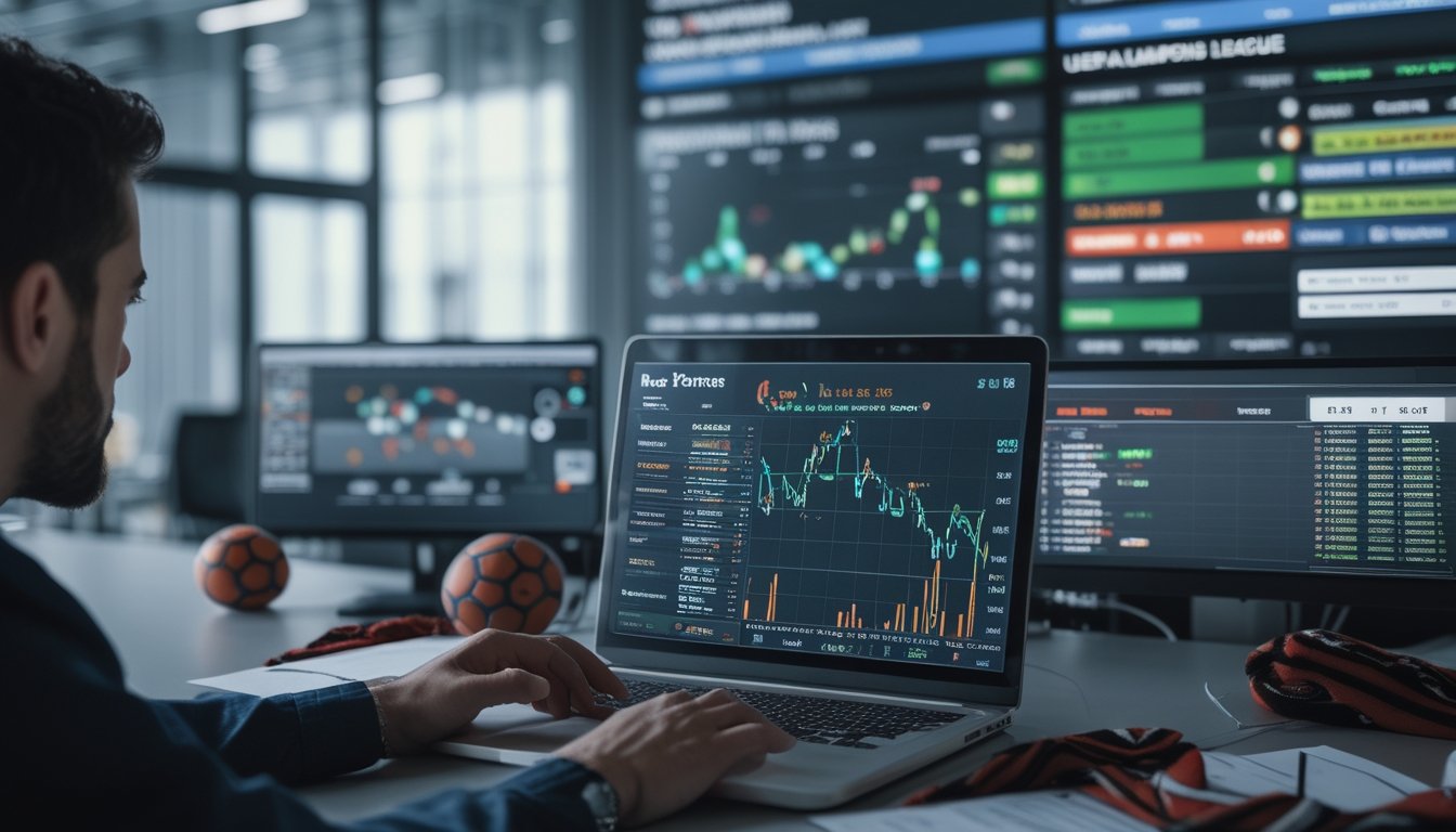 Seorang analis olahraga sedang memeriksa data pertandingan sepak bola di ruang kerja modern dengan beberapa layar digital yang menampilkan jadwal dan statistik pertandingan Liga Inggris, Serie A, dan Liga Champions.