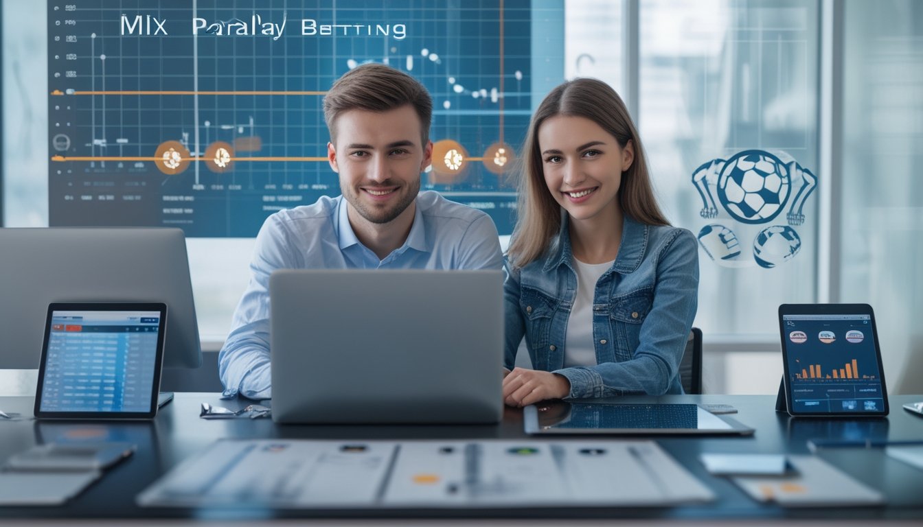 Seorang pria dan wanita muda sedang duduk di meja modern sambil menganalisis data taruhan olahraga menggunakan beberapa perangkat digital di kantor yang terang.
