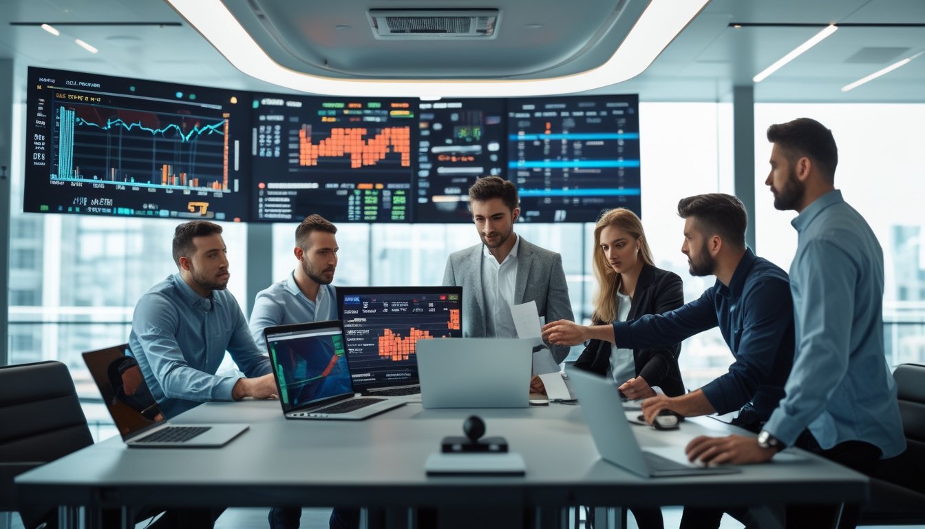 Beberapa orang sedang menganalisis data taruhan olahraga dengan layar digital yang menampilkan statistik dan skor pertandingan.