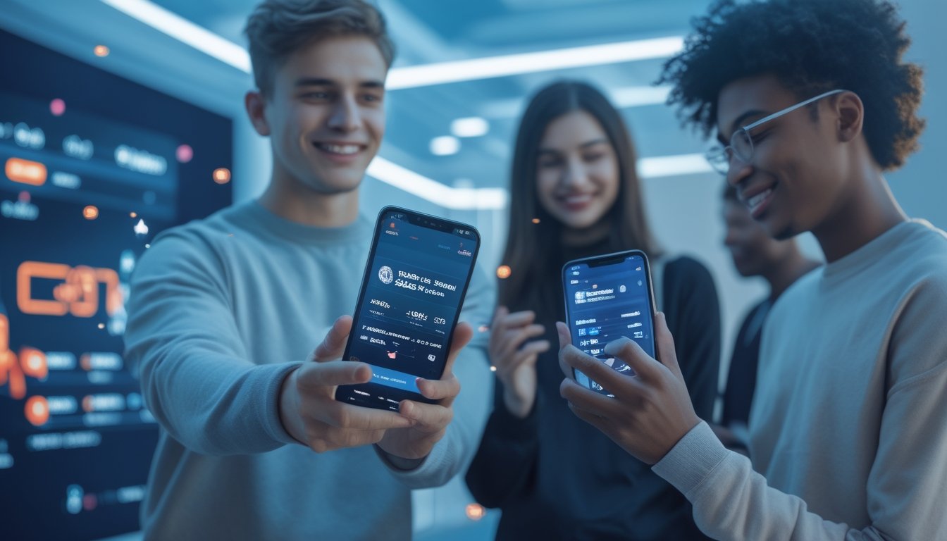 Dua orang muda menggunakan ponsel Android dan iPhone untuk bertaruh olahraga dengan tampilan odds yang diperbarui secara real-time.