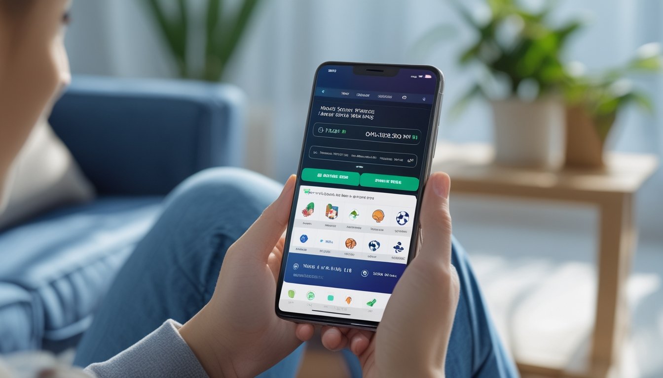Seseorang memegang ponsel pintar yang menampilkan aplikasi taruhan olahraga dengan odds yang diperbarui secara real-time.
