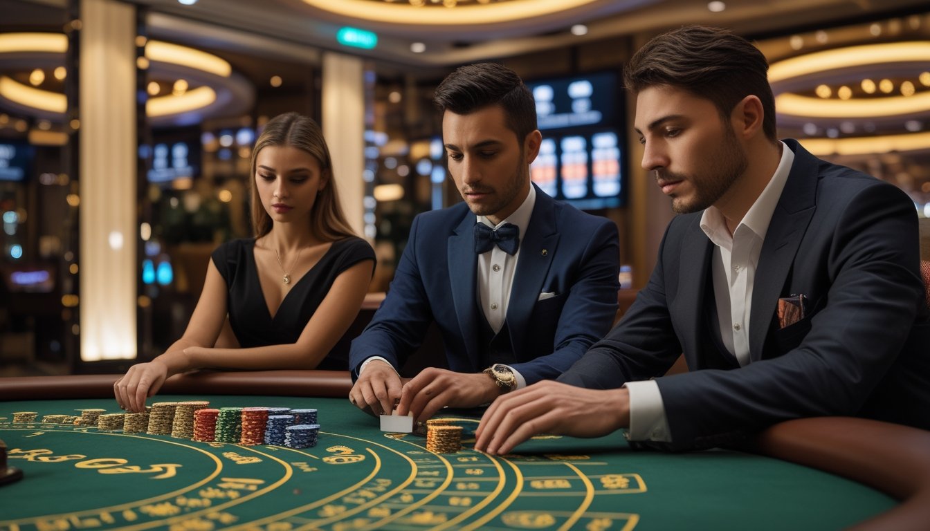 Dua pemain dan seorang dealer di meja baccarat di kasino dengan suasana yang elegan dan fokus bermain.