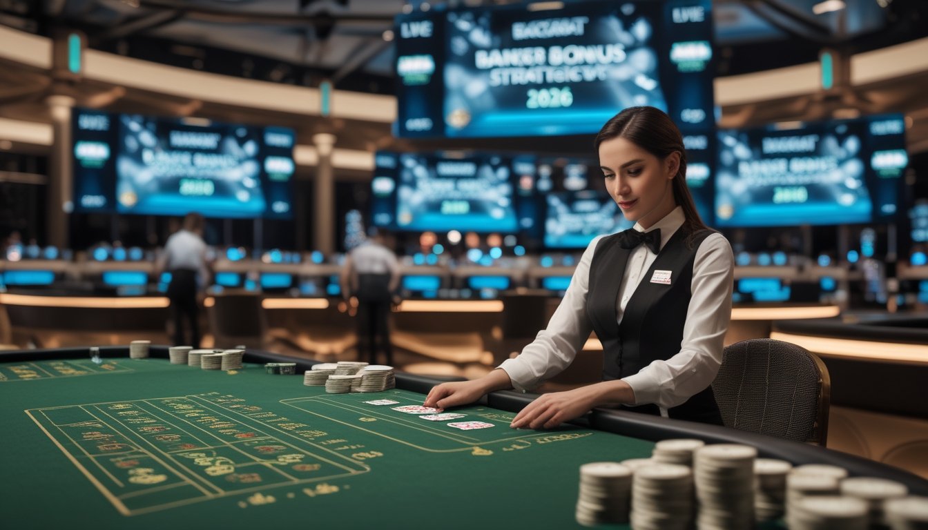 Seorang dealer di meja Baccarat dengan kartu dan chip di kasino langsung yang modern dan terang.