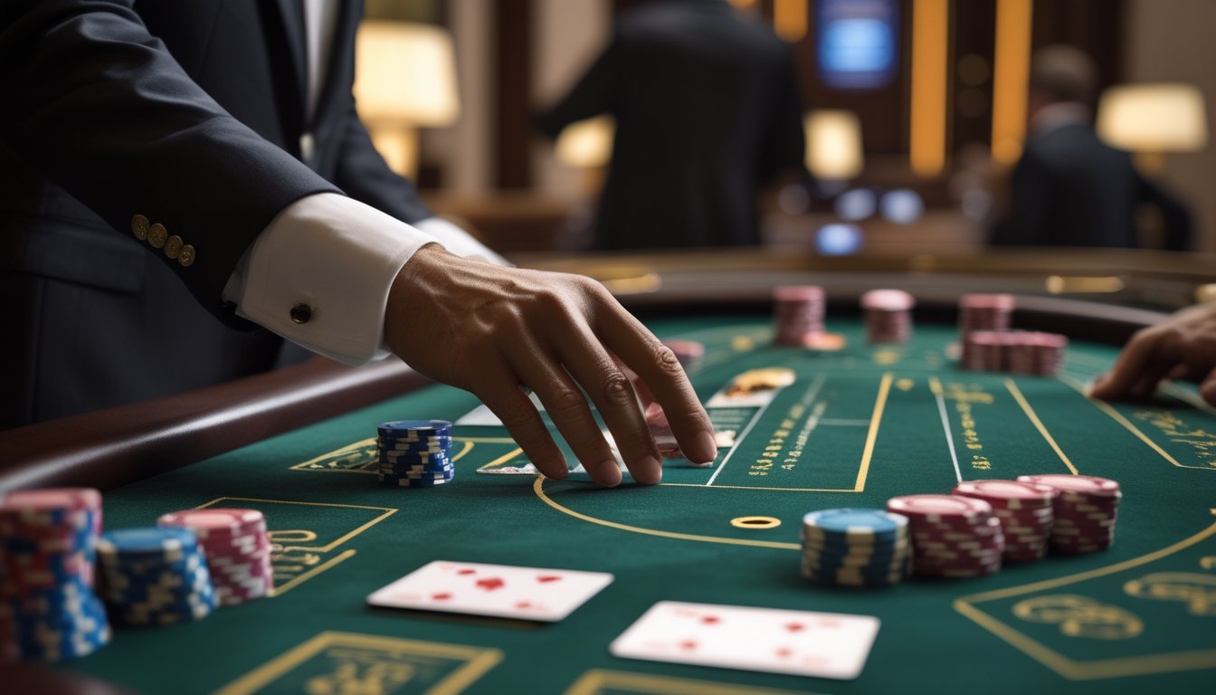 Meja baccarat dengan kartu dan tumpukan chip kasino, tangan pemain sedang memasang taruhan pada sisi Banker.