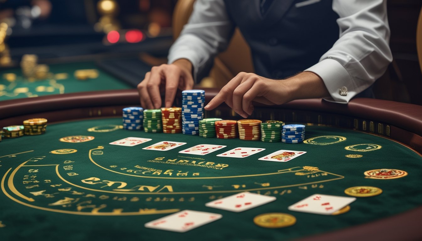 Meja permainan baccarat di kasino dengan kartu dan tumpukan chip, pemain sedang memasang taruhan, dan dealer mengatur permainan.