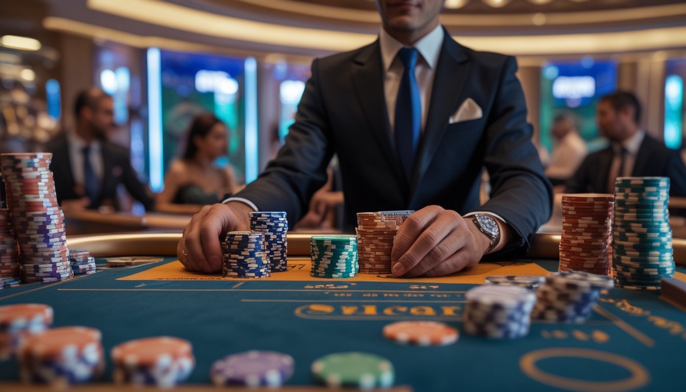 Seorang pemain duduk di meja baccarat mewah di kasino langsung, memegang kartu dan chip, dengan dealer dan pemain lain di latar belakang.