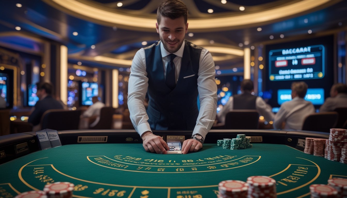 Seorang dealer di meja Baccarat dengan kartu dan chip di kasino mewah, dikelilingi pemain yang fokus pada permainan.