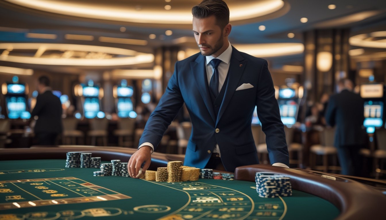 Seorang banker profesional sedang mengelola permainan baccarat di meja kasino dengan suasana mewah dan pencahayaan hangat.