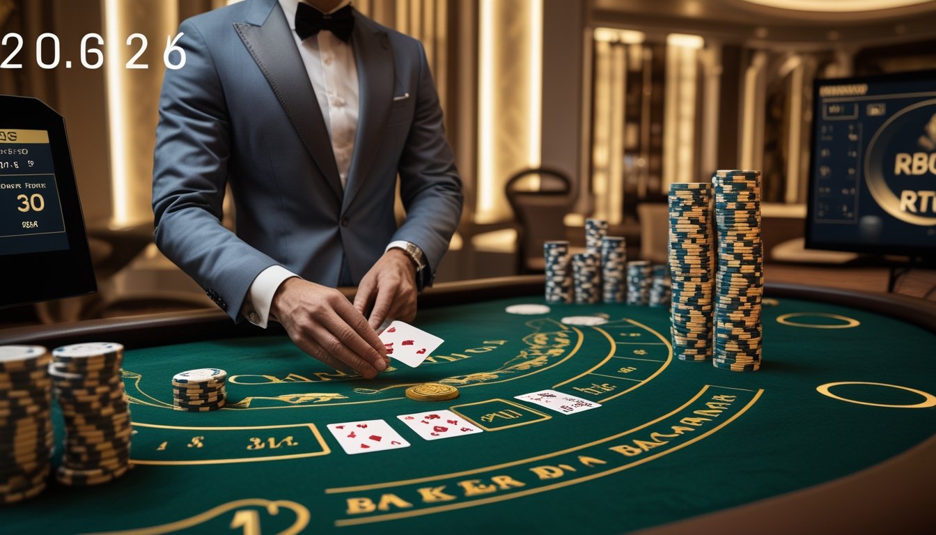 Seorang dealer profesional membagikan kartu di meja baccarat dengan chip dan lampu kasino mewah di latar belakang.