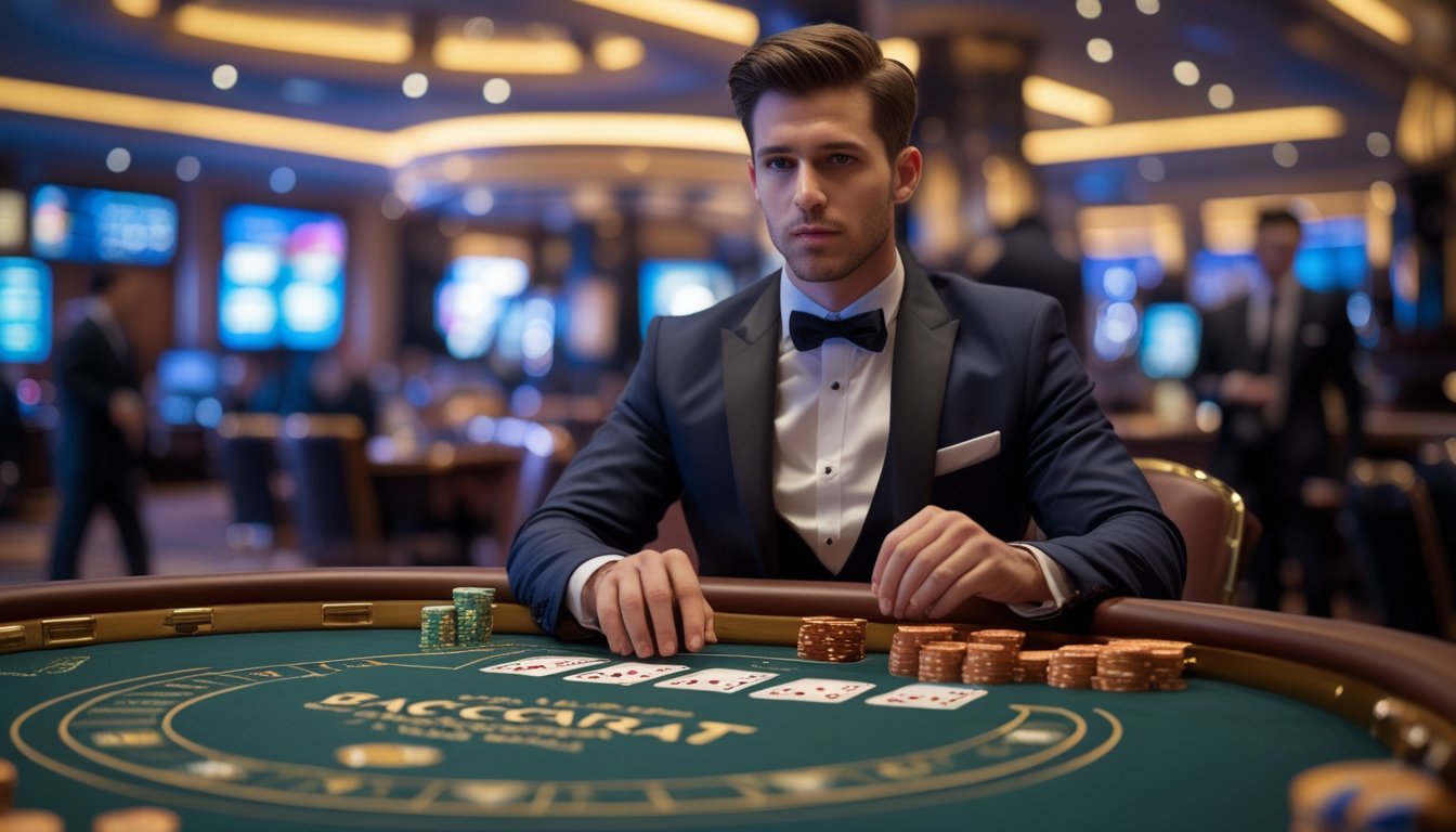 Seorang pria berpakaian rapi duduk di meja baccarat dengan chip dan kartu, di latar belakang terlihat dealer dan suasana kasino.