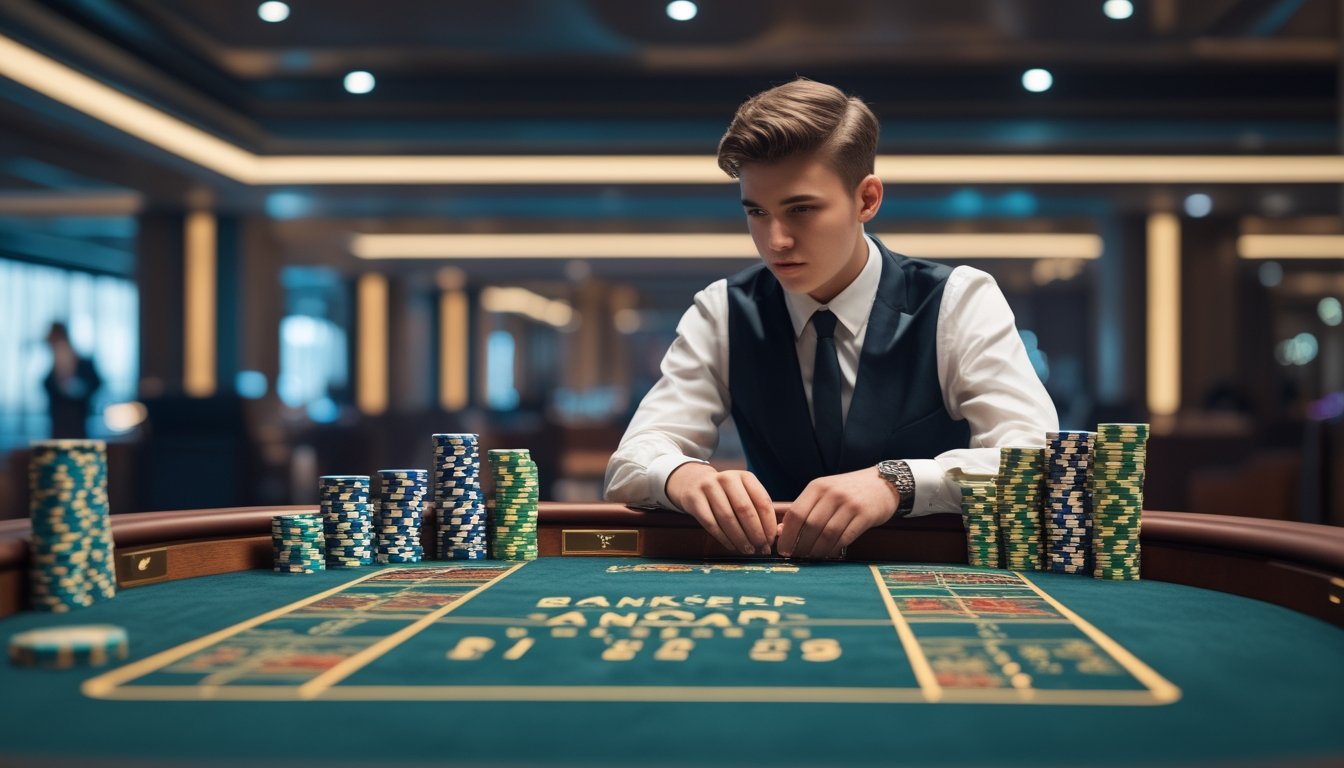 Meja baccarat di kasino dengan tumpukan chip dan kartu di sisi Banker, seorang pemain berpakaian rapi sedang fokus bermain.