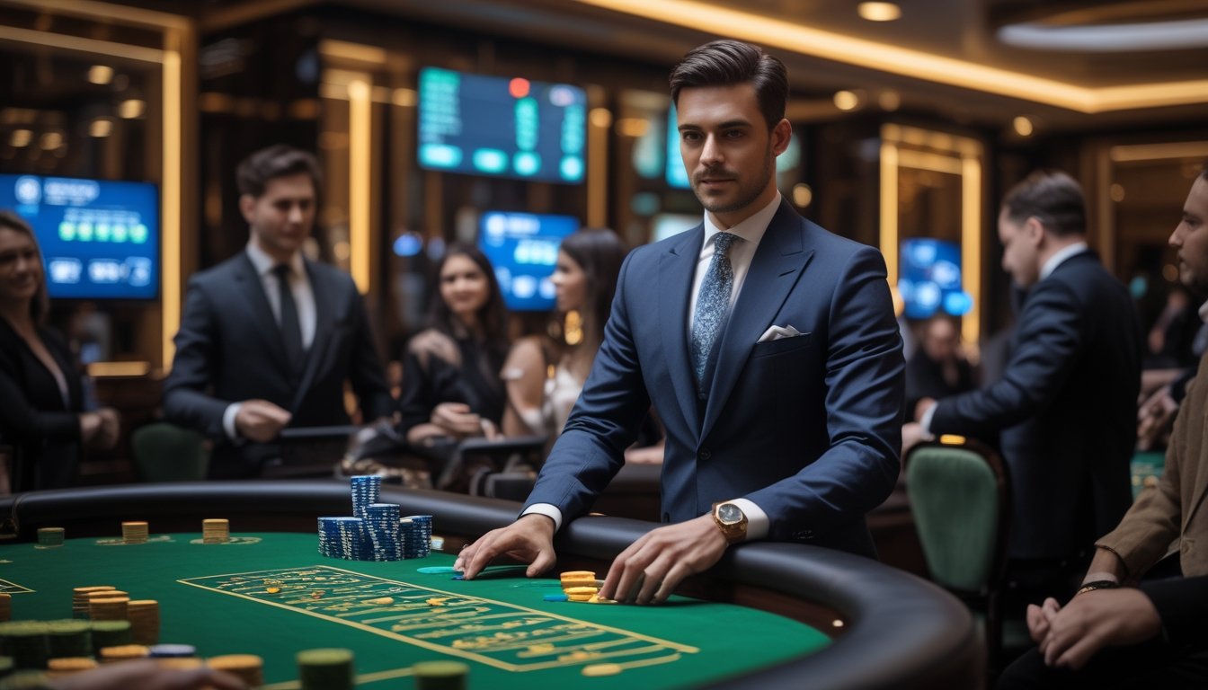Seorang banker berpakaian rapi sedang mengelola meja baccarat di kasino dengan pemain yang fokus dan suasana elegan.