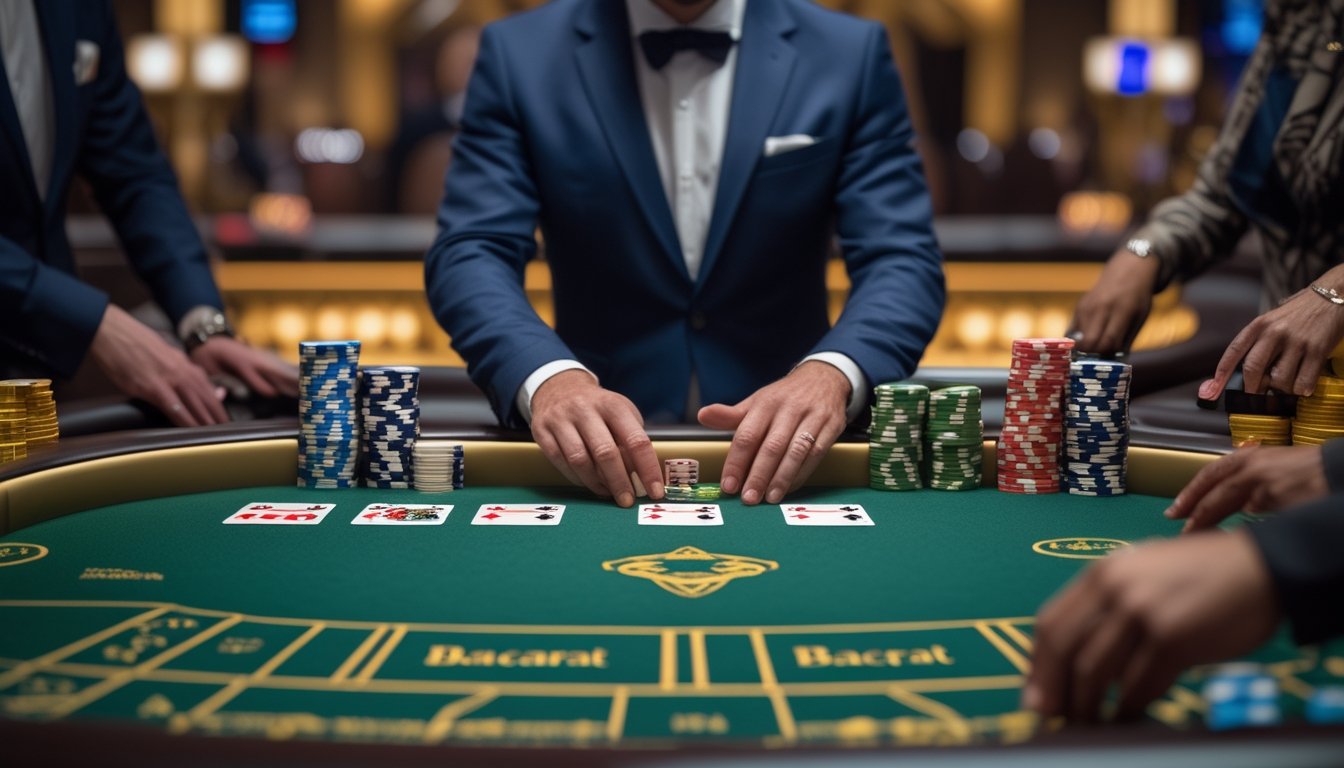 Seorang dealer profesional sedang membagikan kartu di meja Baccarat dengan chip kasino dan pemain di sekitarnya dalam suasana kasino langsung.