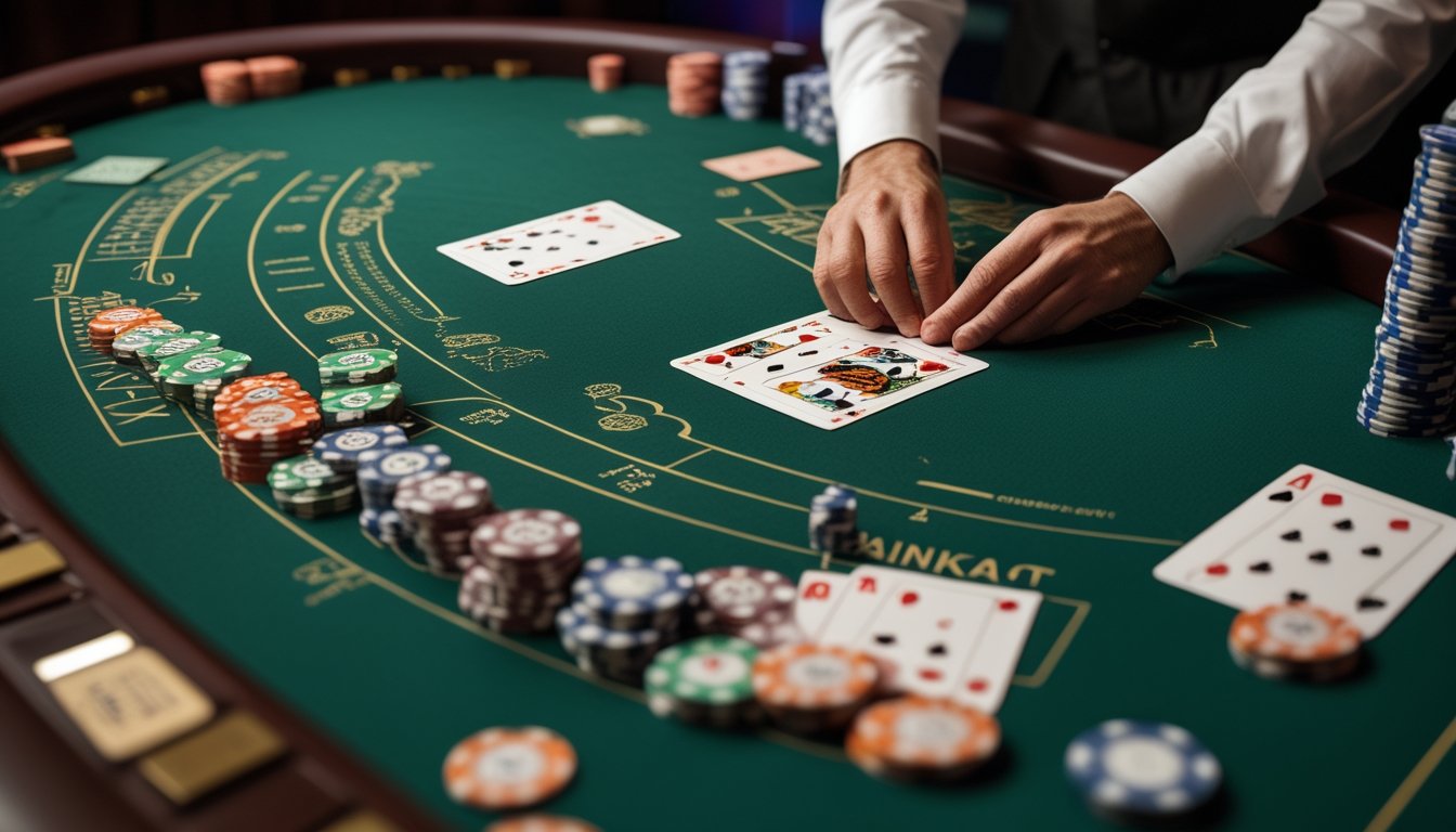 Meja baccarat dengan kartu dan chip yang rapi, tangan dealer sedang menaruh chip pada sisi banker.