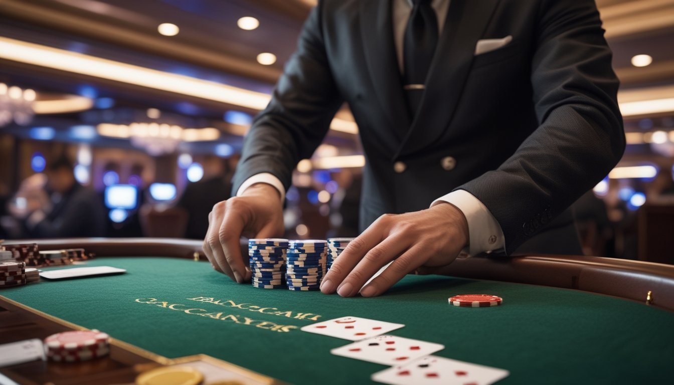 Seorang dealer berjubah formal membagikan kartu di meja baccarat hijau dengan tumpukan chip dan pemain yang fokus di latar belakang kasino mewah.