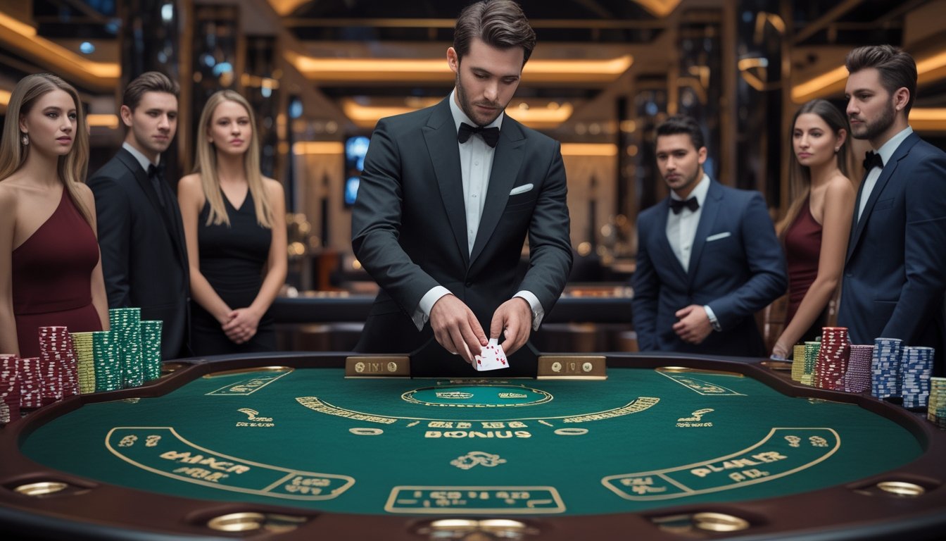 Meja baccarat di kasino dengan dealer dan pemain yang sedang bermain kartu.