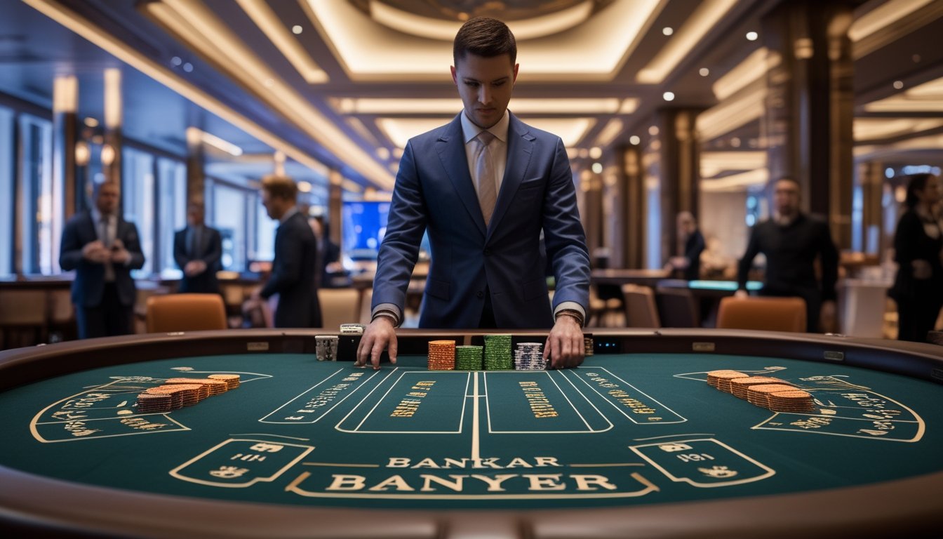 Seorang dealer di meja baccarat dengan chip dan kartu, dikelilingi oleh pemain di kasino modern.