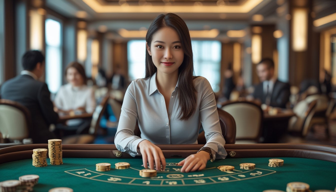 Seorang wanita muda duduk di meja baccarat dengan kartu dan chip, tampak fokus dan percaya diri di dalam suasana kasino.