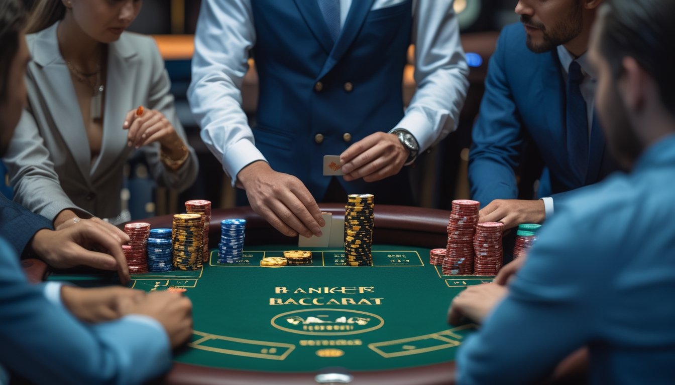 Seorang dealer dan beberapa pemain duduk di meja Baccarat, fokus pada permainan dan taruhan dengan chip di meja kasino.