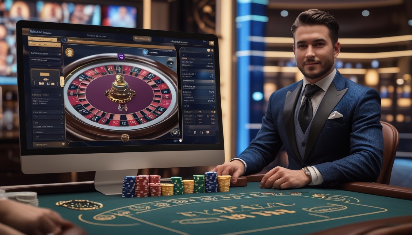 Seorang dealer profesional duduk di meja baccarat dengan layar komputer menampilkan permainan baccarat 3D online.