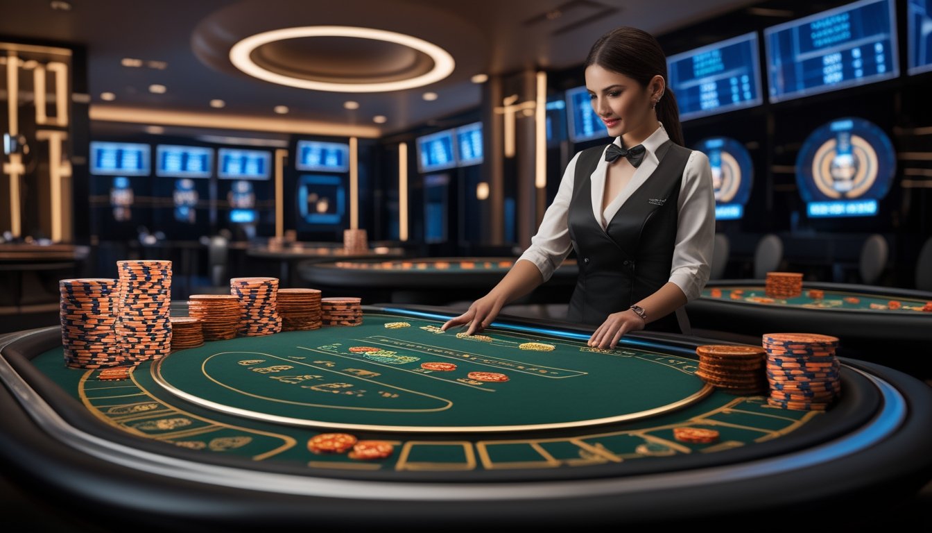 Seorang dealer profesional sedang mengelola permainan baccarat online dengan grafik 3D yang jelas di meja digital.