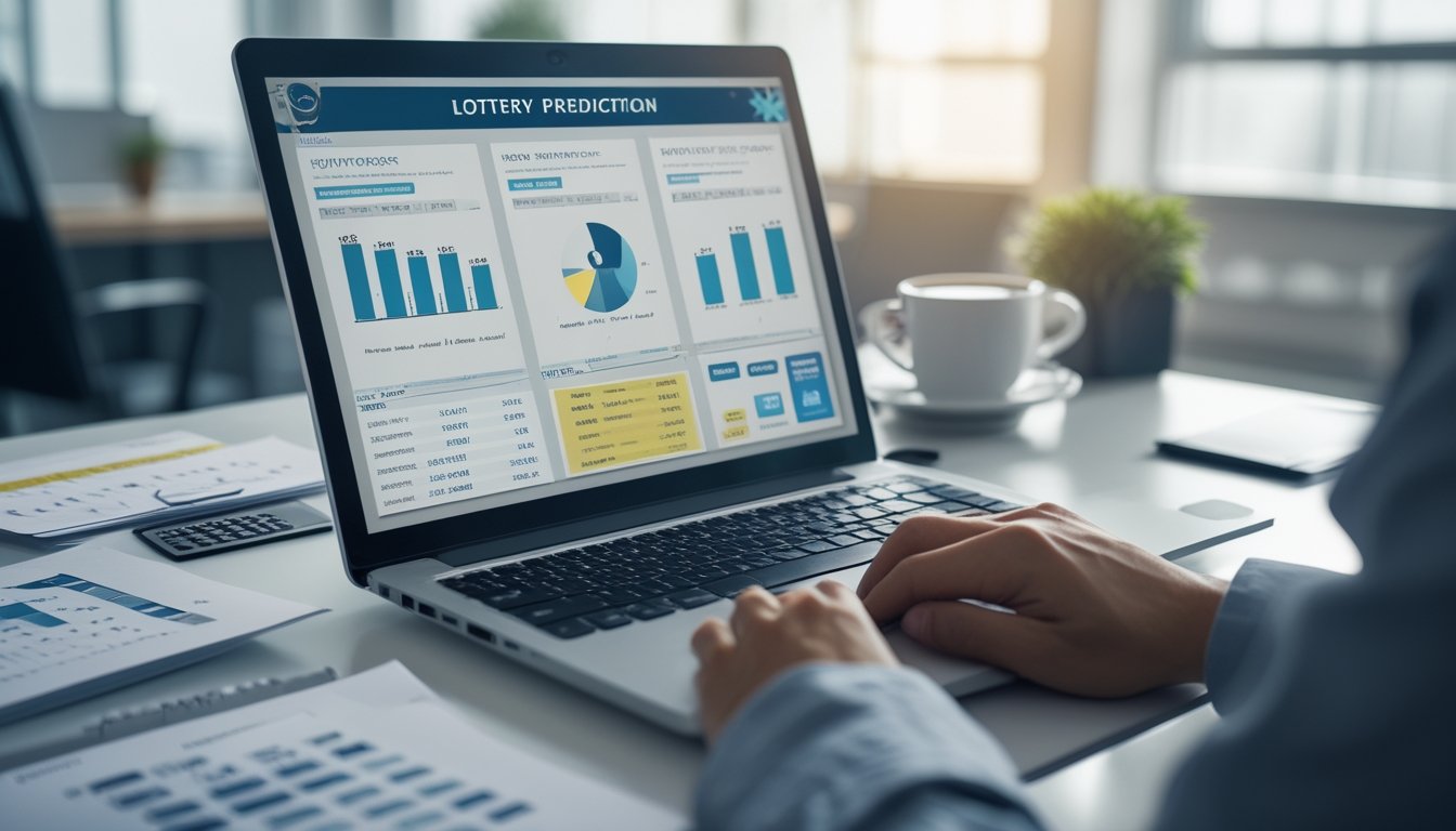 Meja kerja dengan laptop yang menampilkan grafik dan angka, kertas dengan data, kalkulator, dan secangkir kopi di ruang kantor yang terang.