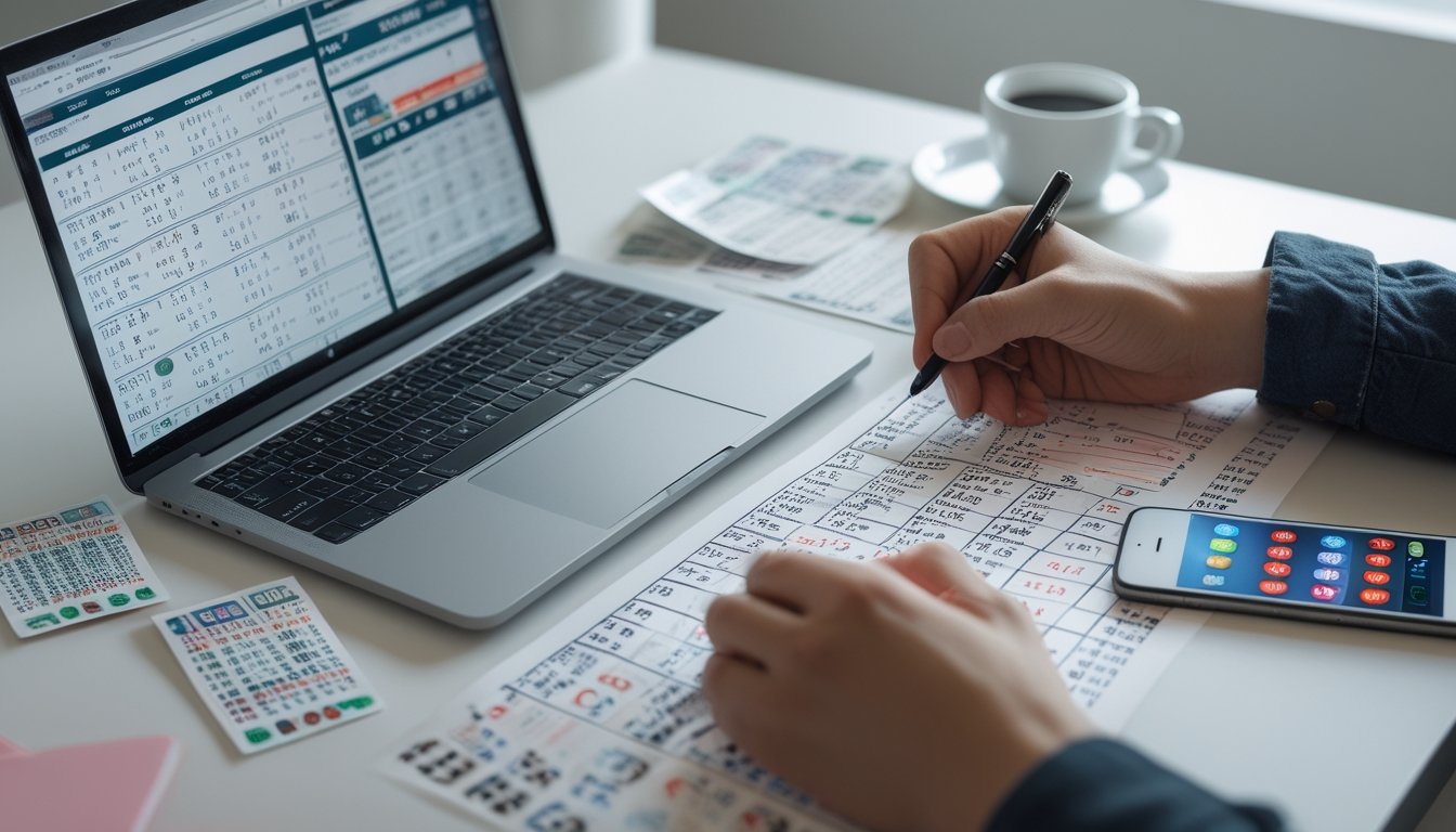 Meja kerja dengan laptop, kalkulator, kertas catatan, tiket lotre, dan ponsel yang menampilkan data prediksi angka lotre.
