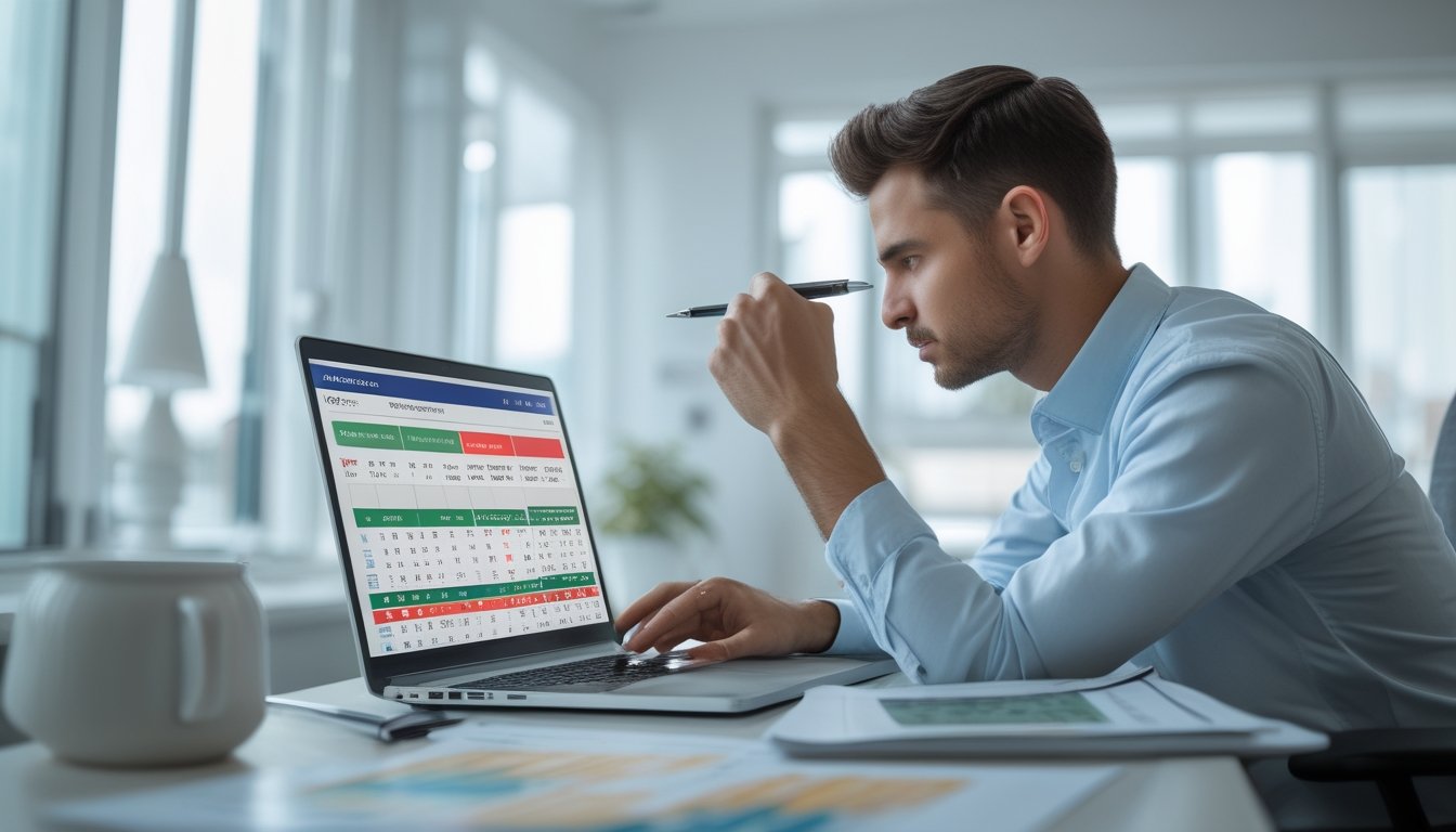 Seorang individu fokus menganalisis data lotere di laptop di ruang kantor yang terang dan rapi.