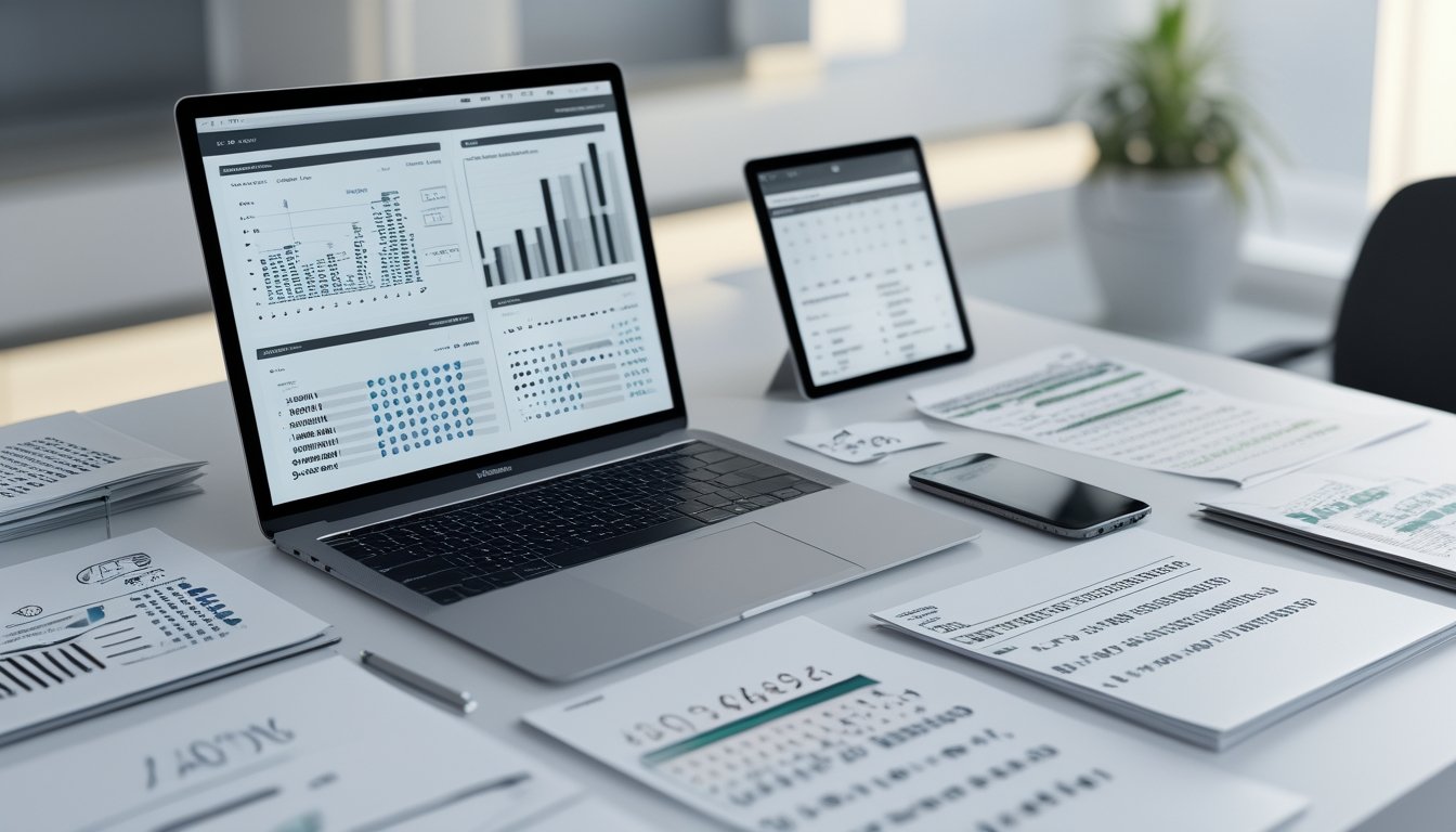Meja kerja modern dengan perangkat digital menampilkan grafik dan data angka, serta kertas catatan dengan perhitungan, di ruang kantor yang rapi.