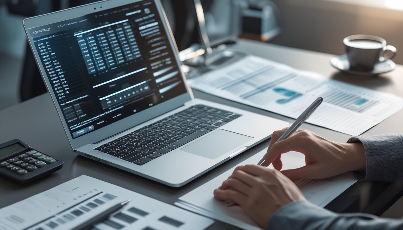 Meja kerja dengan laptop yang menampilkan data angka dan grafik, kertas berisi angka dan kalkulator, serta suasana kerja malam yang fokus.