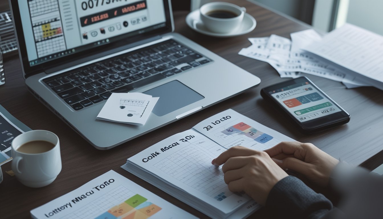 Seseorang sedang bekerja dengan laptop, kalkulator, dan catatan di meja untuk menganalisis prediksi angka togel Colok Macau.