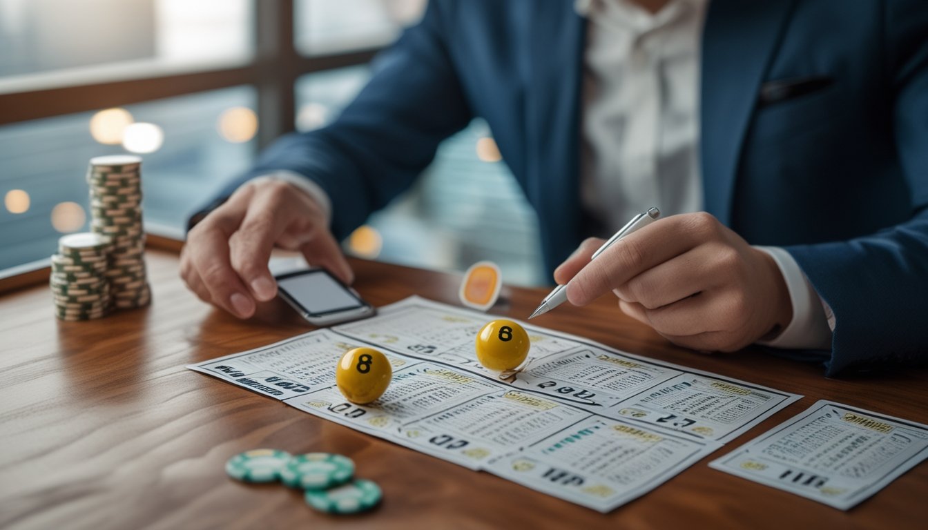 Seorang pria fokus menganalisis tiket lotere dan mencatat strategi di meja dengan alat taruhan di latar belakang kota Macau.