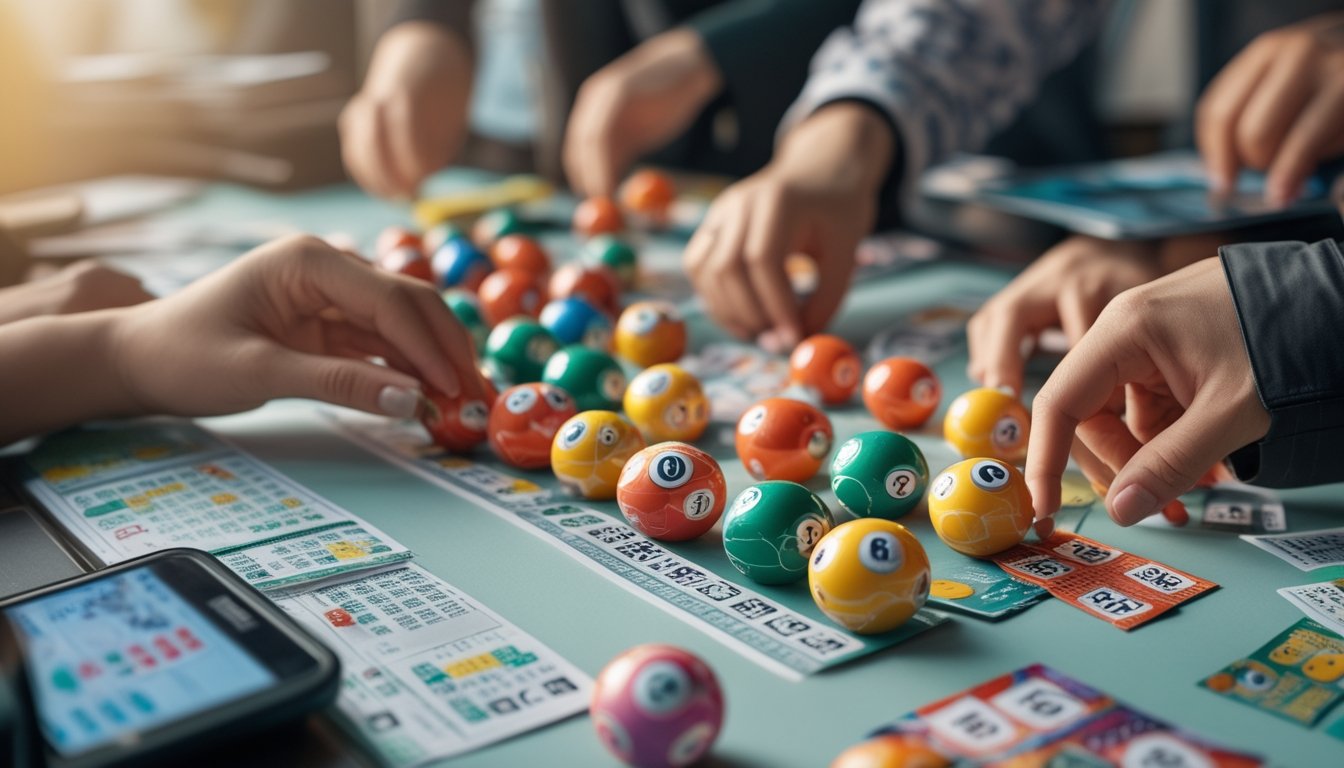 Meja permainan dengan bola lotere berwarna-warni, tiket bernomor, dan tangan pemain yang sedang bermain permainan Macau 2D.