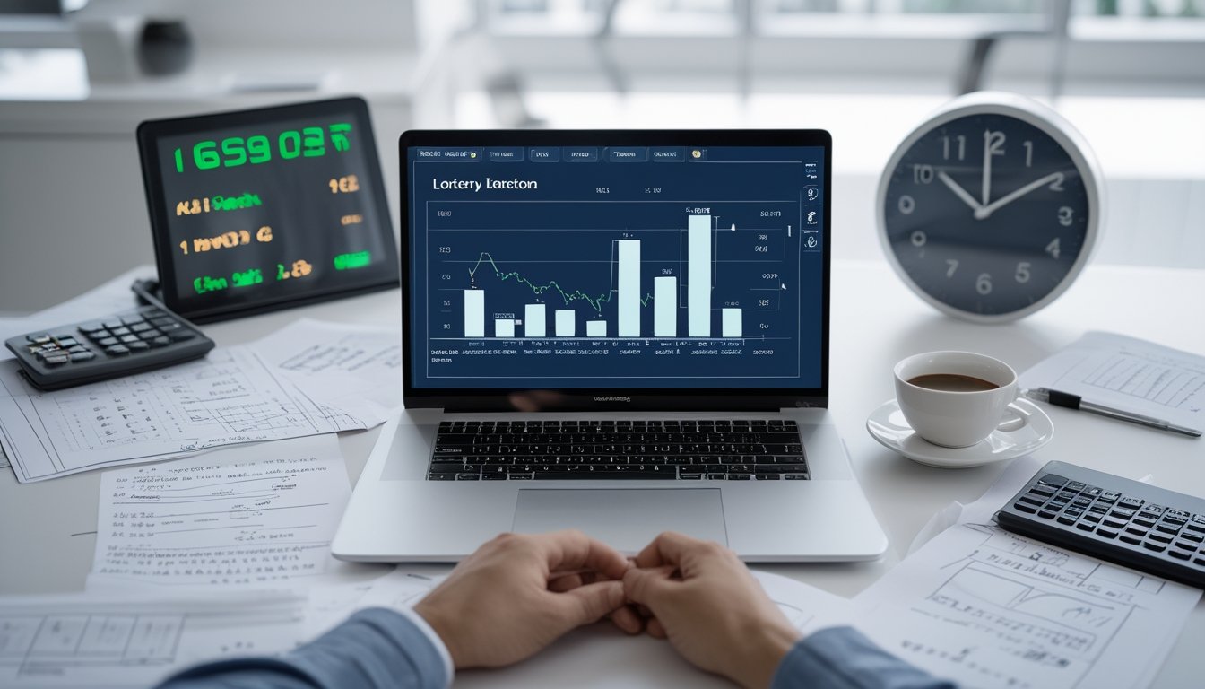 Meja kerja dengan laptop yang menampilkan grafik angka, kertas catatan, kalkulator, dan tangan seseorang sedang bekerja melakukan analisis angka togel.