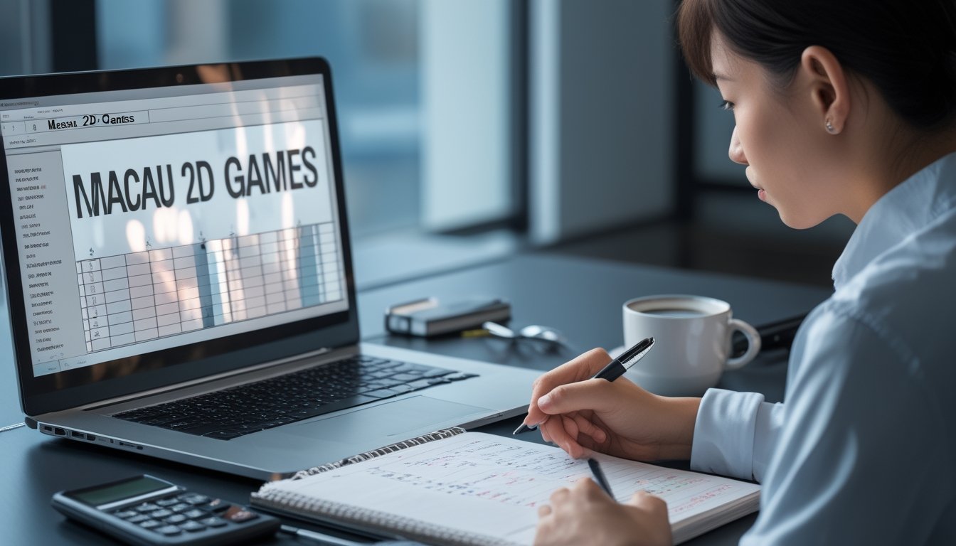 Seseorang yang fokus sedang menganalisis strategi permainan lotere Macau 2D di meja kerja dengan laptop, buku catatan, dan kopi.