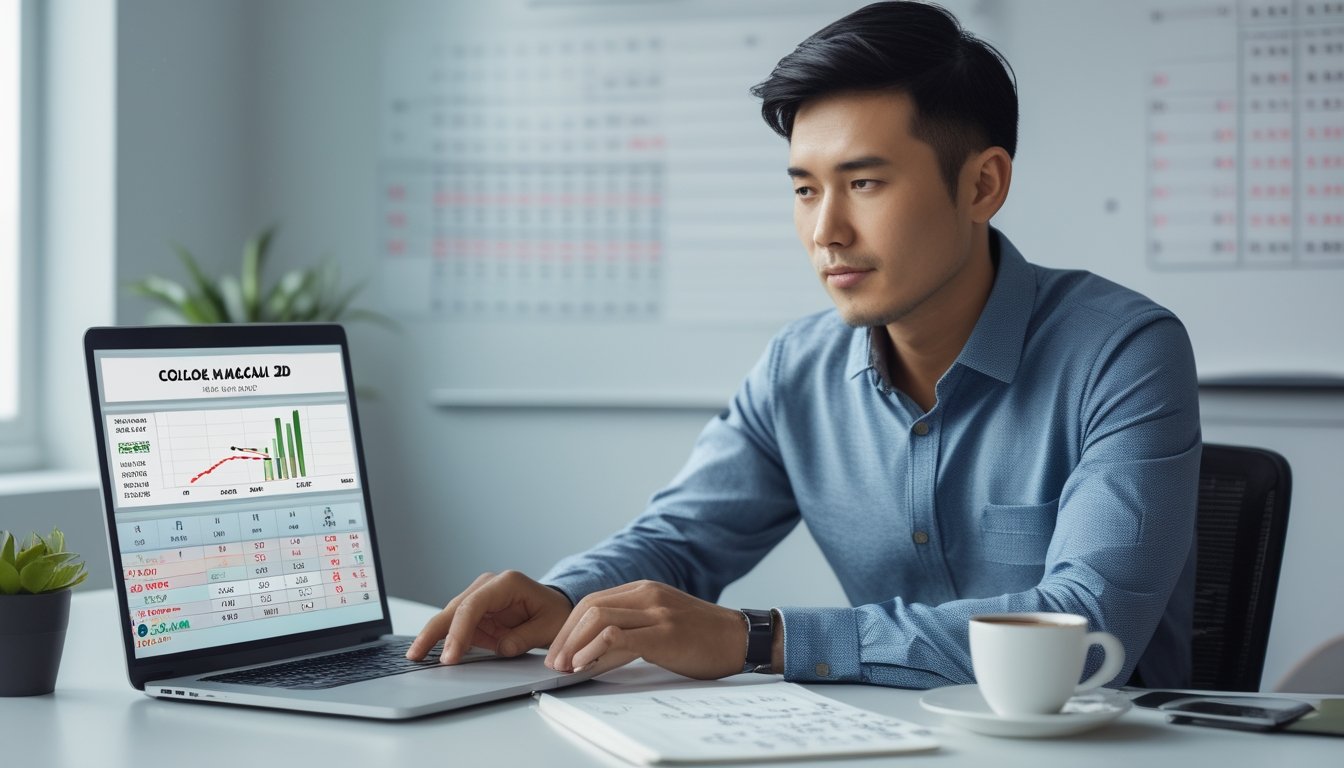 Seorang pria Asia Tenggara duduk di meja modern sambil mempelajari data dan perhitungan terkait Colok Macau 2D dengan latar kantor yang terang.