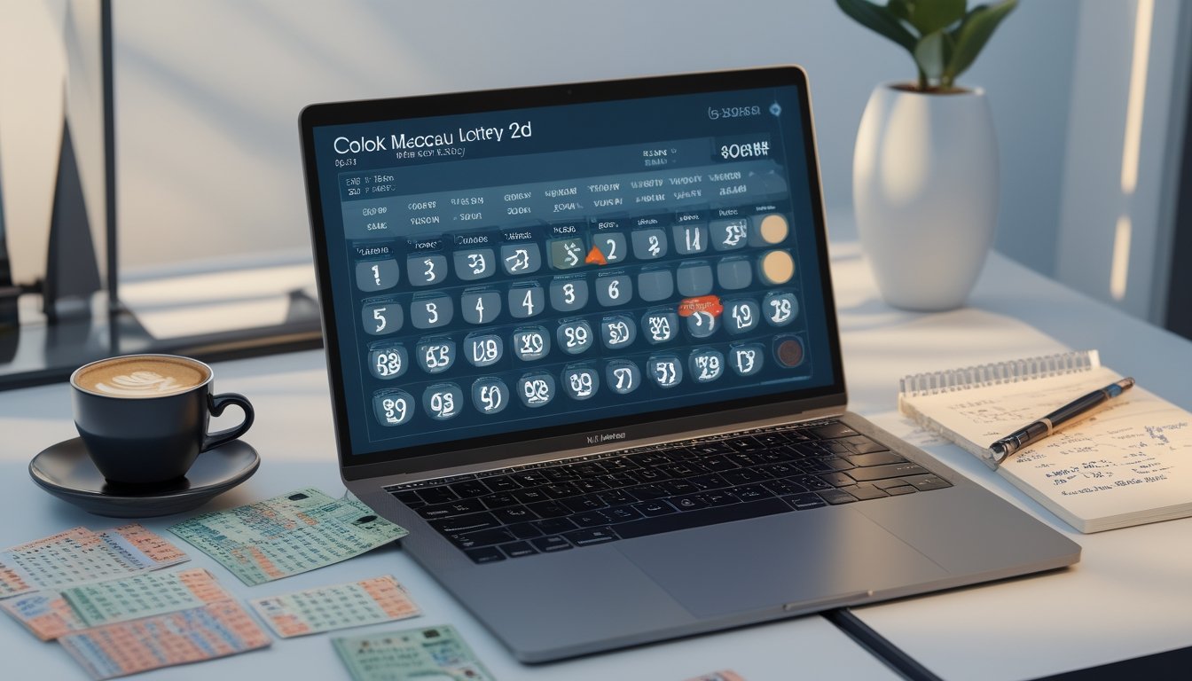 Meja kerja dengan laptop yang menampilkan antarmuka lotere, tiket lotere, cangkir kopi, dan catatan tulisan tangan.