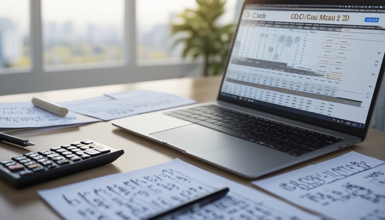 Meja kerja dengan laptop, kertas catatan, pena, dan kalkulator yang menunjukkan suasana analisis prediksi angka lotere.