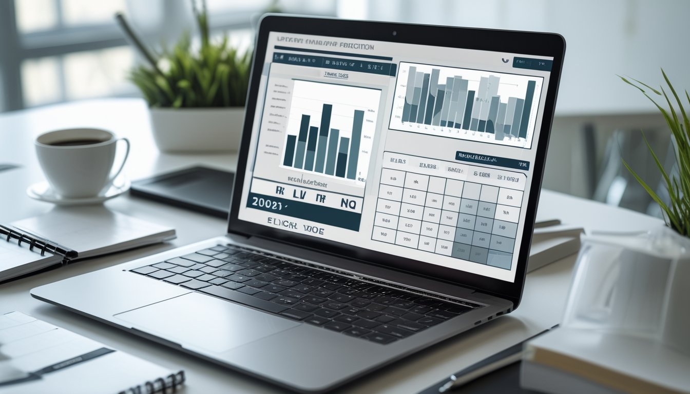 Meja kerja modern dengan laptop yang menampilkan grafik dan kalender digital, dikelilingi oleh alat tulis dan secangkir kopi di ruang kantor yang terang.