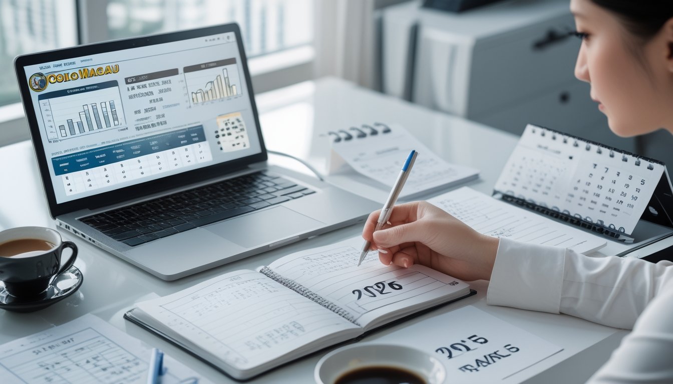 Seorang pria sedang menganalisis data dengan laptop dan catatan di meja kerja yang rapi di dalam kantor terang.