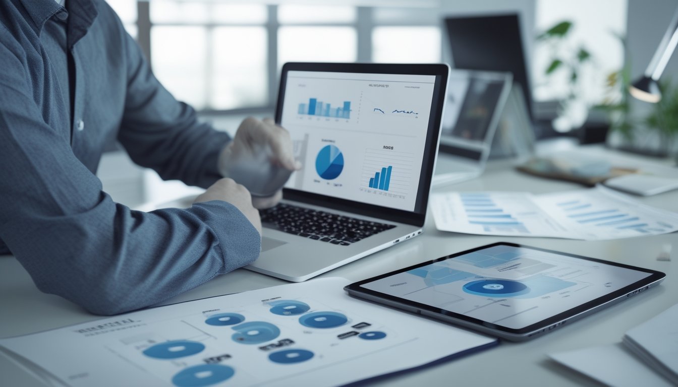 Orang sedang menganalisis data dan grafik di meja kerja dengan laptop dan tablet di lingkungan kantor modern.