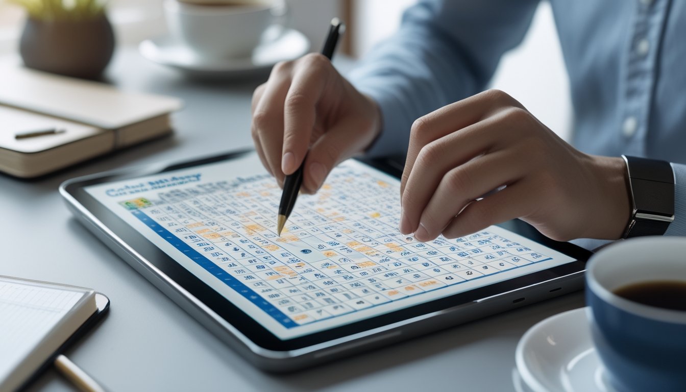 Tangan seseorang sedang menganalisis angka pada tablet digital di atas meja kerja dengan alat tulis dan kopi di sekitarnya.
