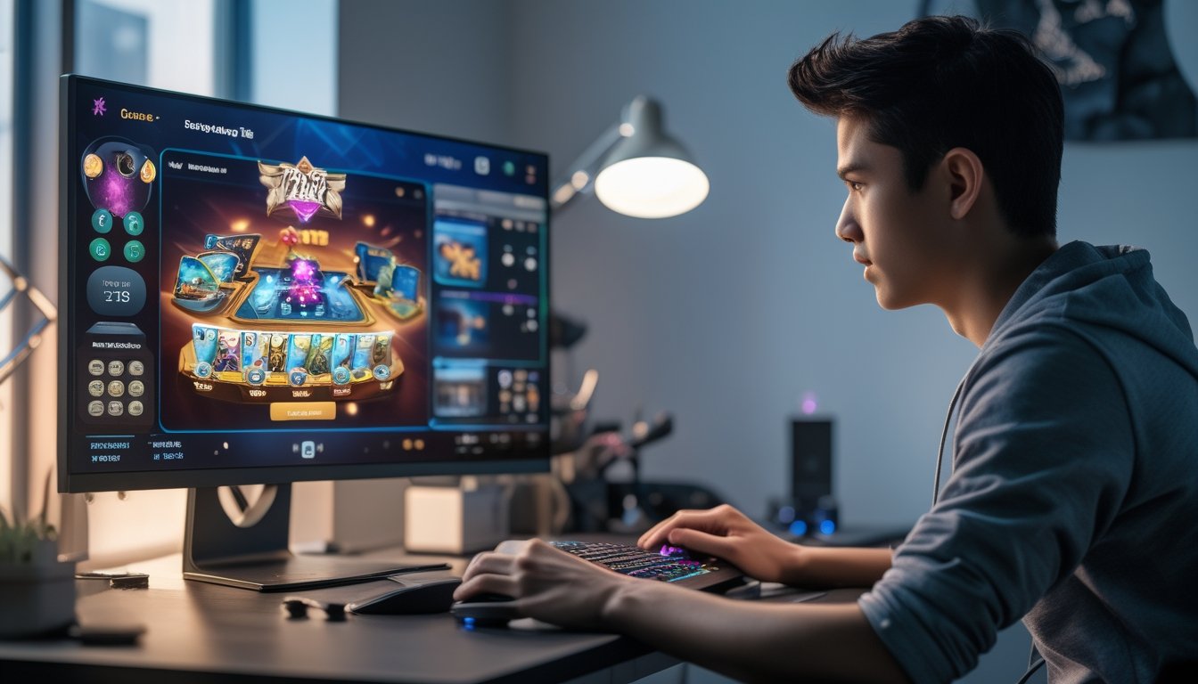 Seorang pemain muda sedang fokus bermain permainan kartu online di komputer dengan suasana ruangan yang rapi dan modern.