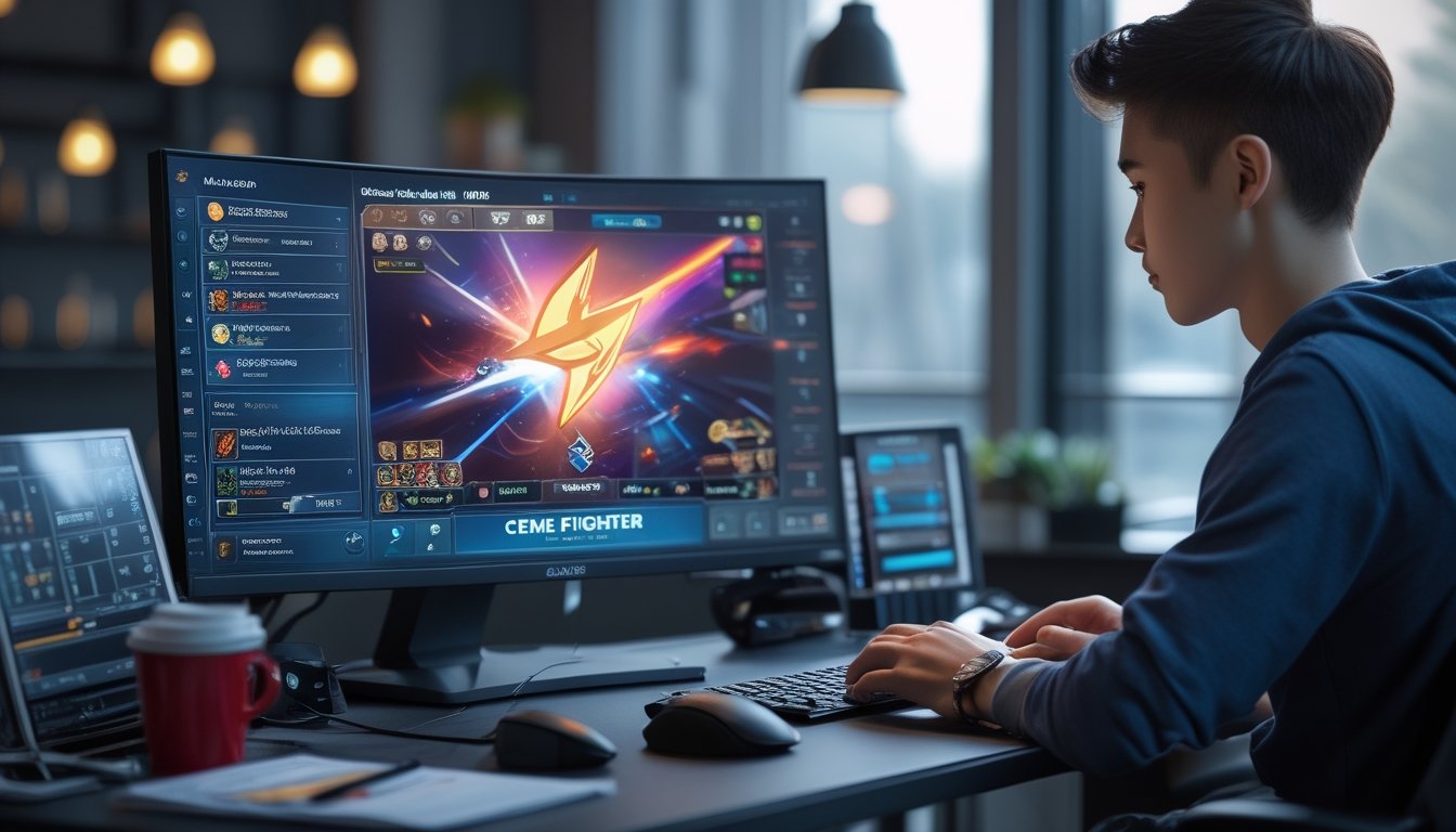 Seorang pemain muda fokus bermain permainan kartu online di depan komputer dengan suasana ruang kerja modern.