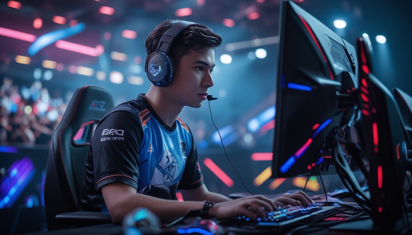 Seorang pemain utama sedang fokus bermain dalam turnamen esports dengan latar panggung dan penonton.
